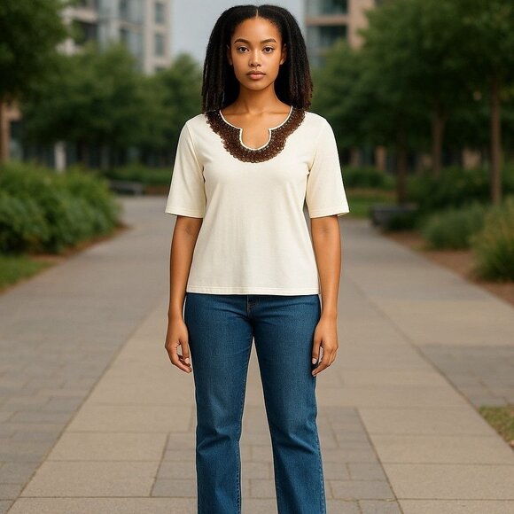 Ruby Rd Cream Quarter Sleeve Top Brown Sequin Embellished Neckline Size Medium - Picture 9 of 9